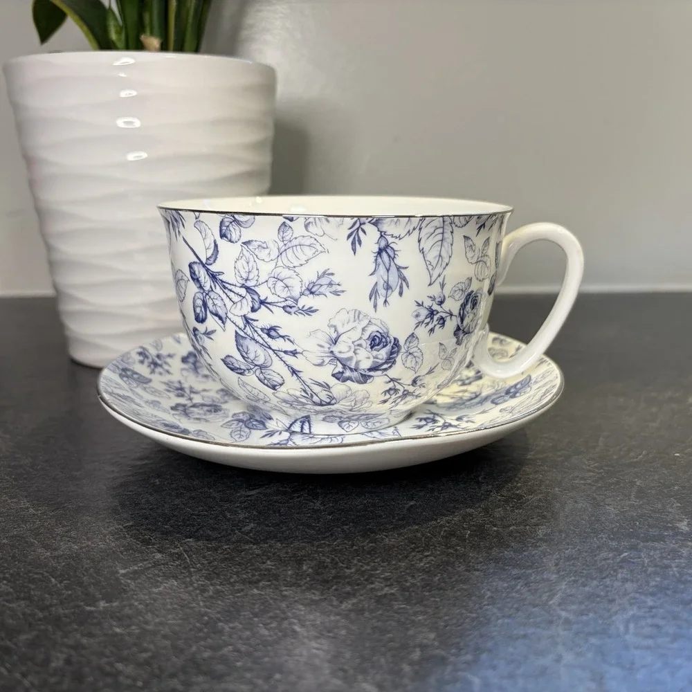 Grace Teaware Blue Rose Toile Fine Porcelain Oversized 16oz Tea Cup & Saucer EUC